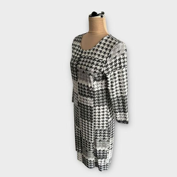 Vintage Venus Women’s Medium Grey Print Viscose Midi Dress Scoop Neck Workwear - Picture 3 of 8